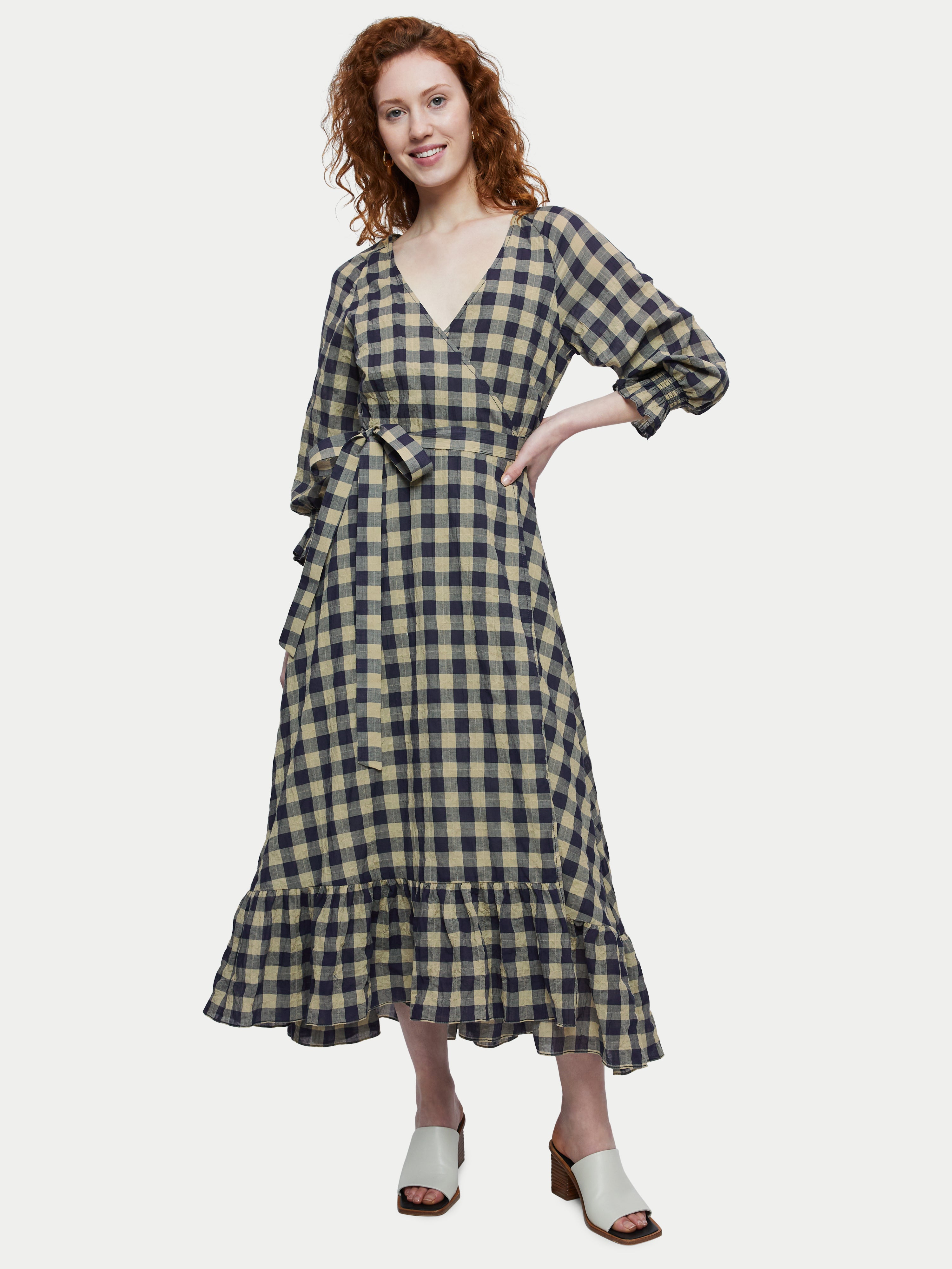 Cotton Gingham Wrap Maxi Dress | Navy – Jigsaw